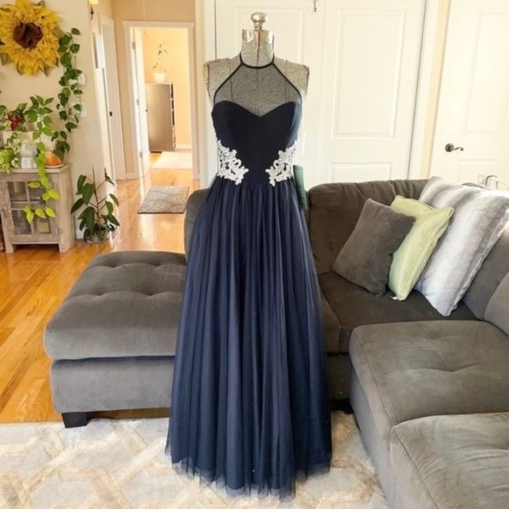 1, 3 navy blue illusion neck line, tulle ball gown, prom dress